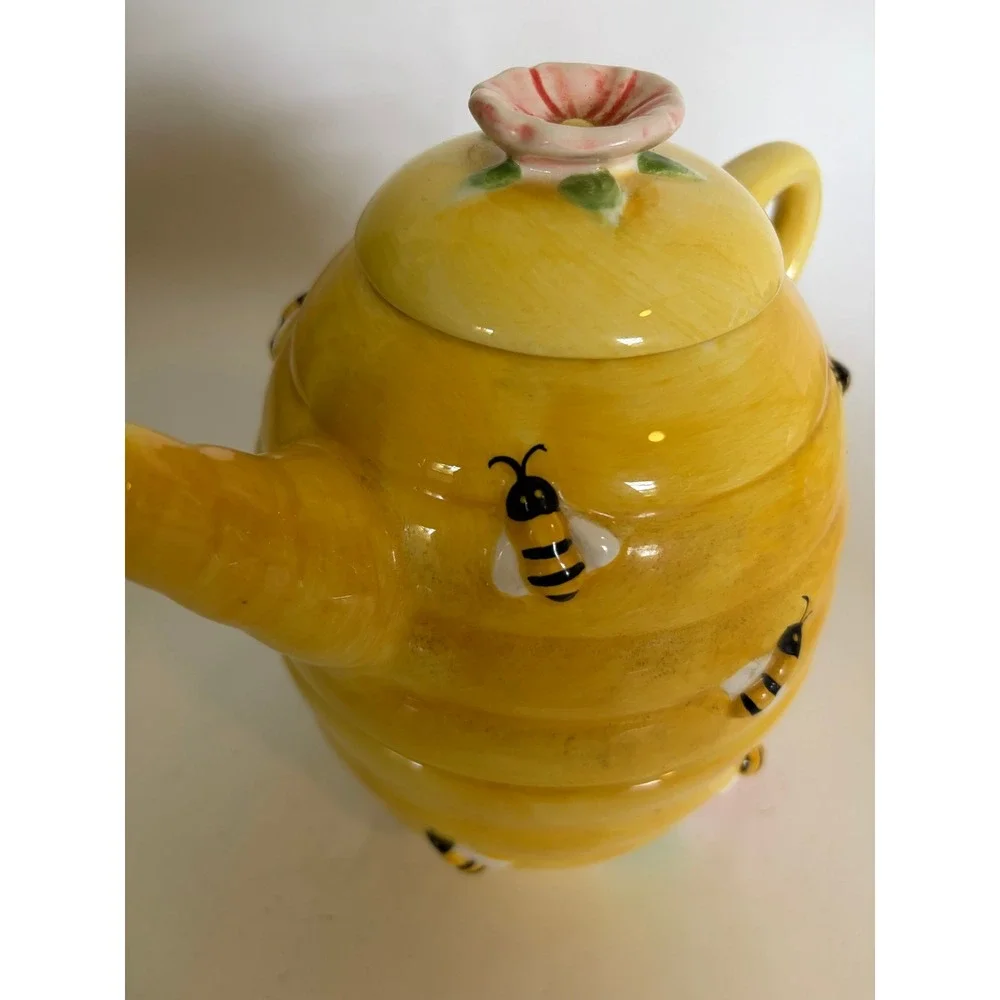 3 Piece Bee Bumblebee Hive Teapot Cup Set Country Cottagecore Yellow Floral Tea